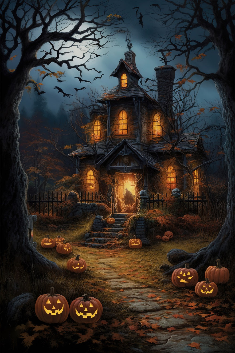 Halloween Night Woods Spooky House Backdrop UK RR7-517