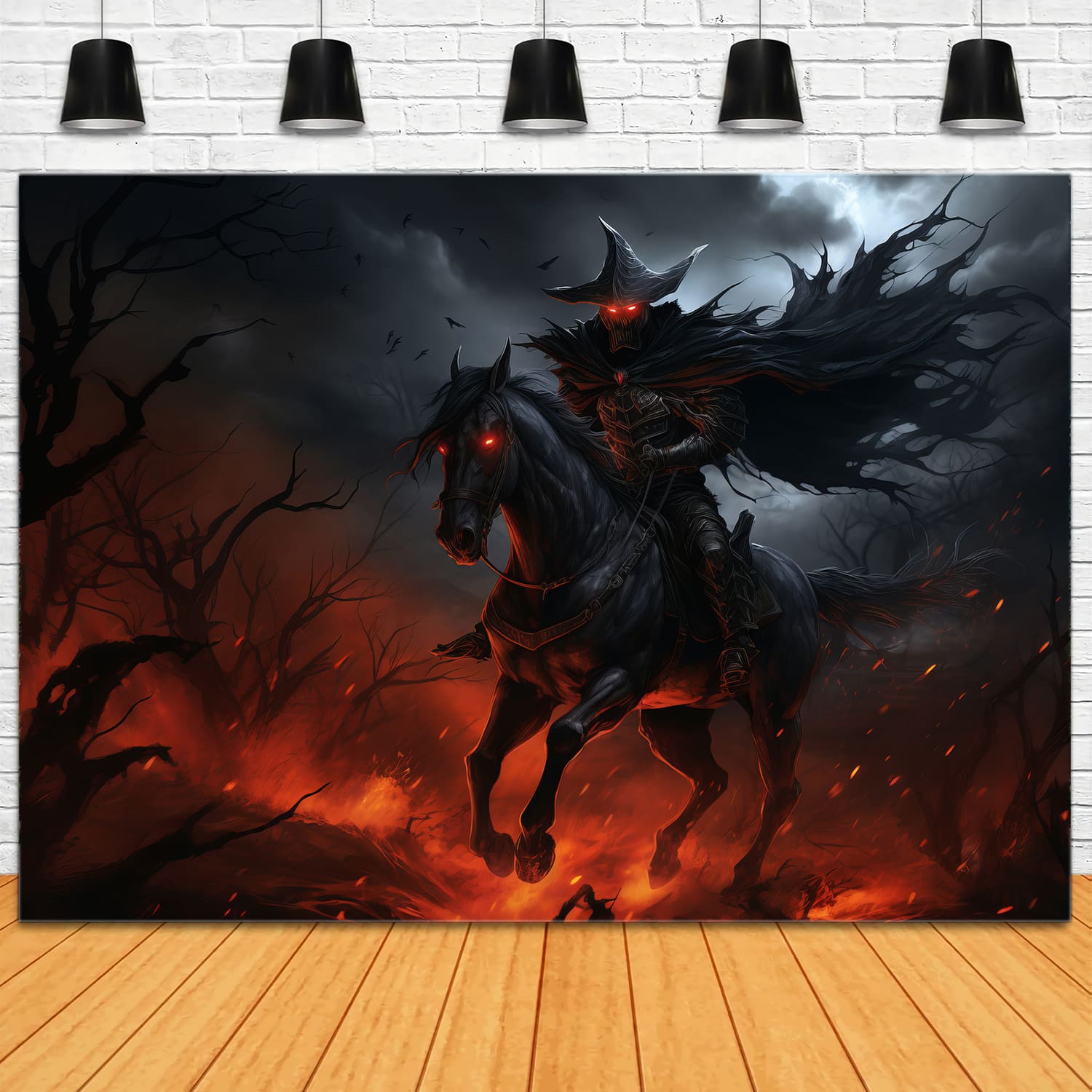 Knight Riding Horse On Fire Halloween Backdrop UK RR7-54