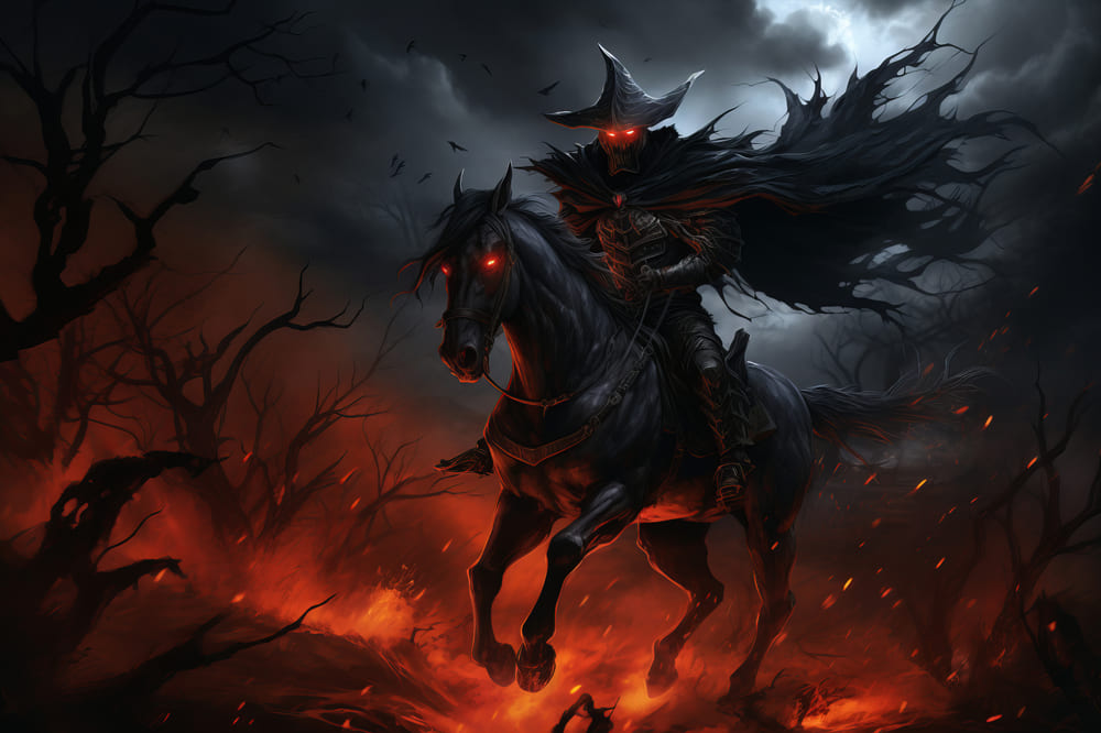 Knight Riding Horse On Fire Halloween Backdrop UK RR7-54