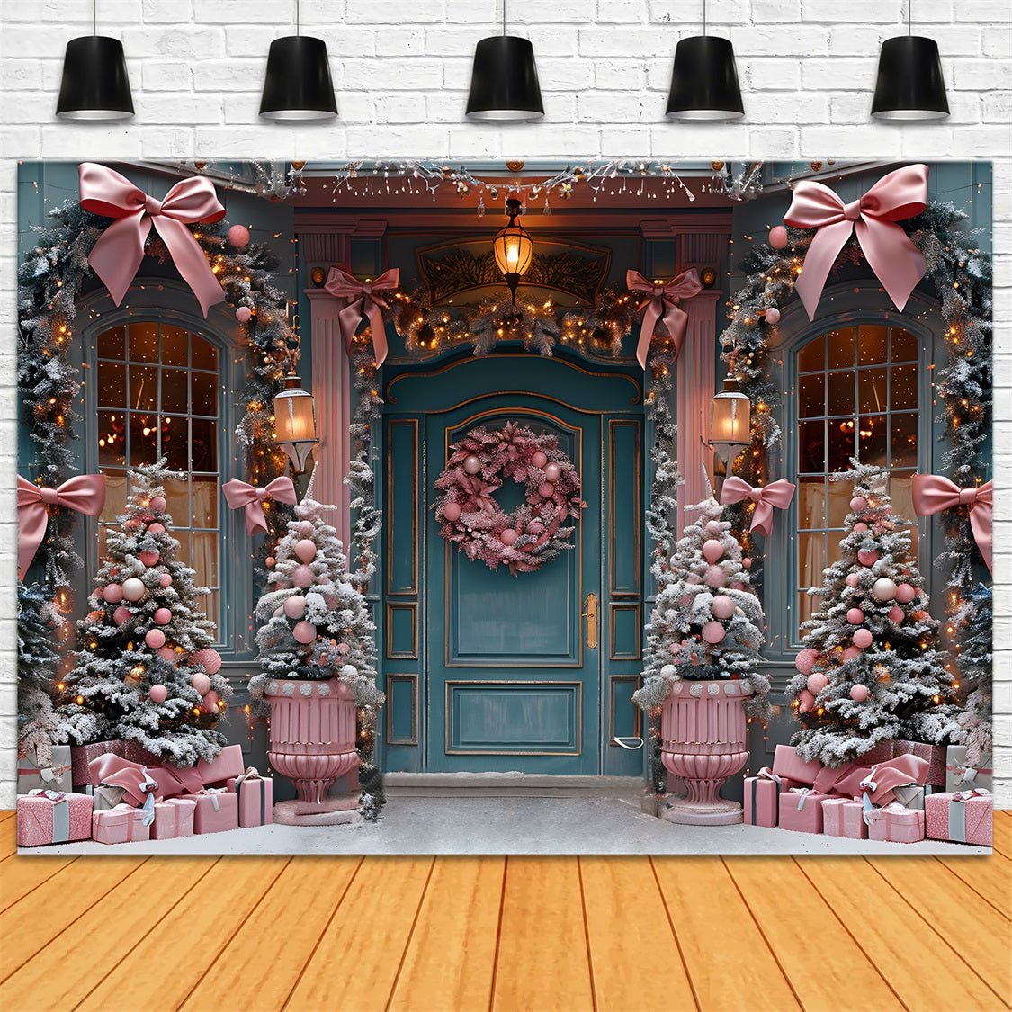 Christmas Elegant Pink Bow Door Decor Backdrop UK RR7-566