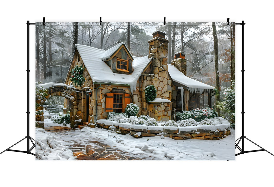 Christmas Snowy Stone Cottage Backdrop UK RR7-572