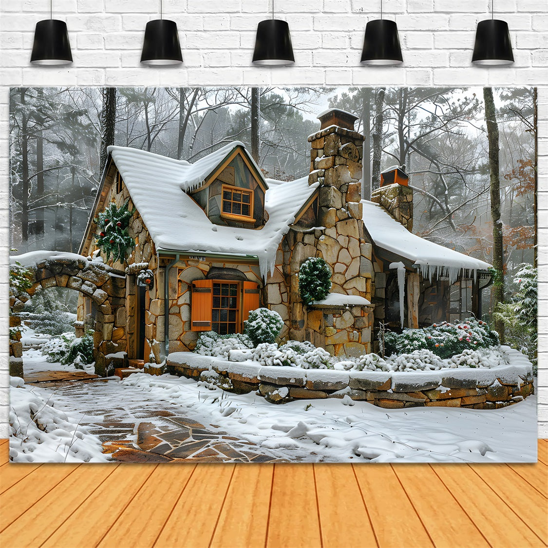 Christmas Snowy Stone Cottage Backdrop UK RR7-572