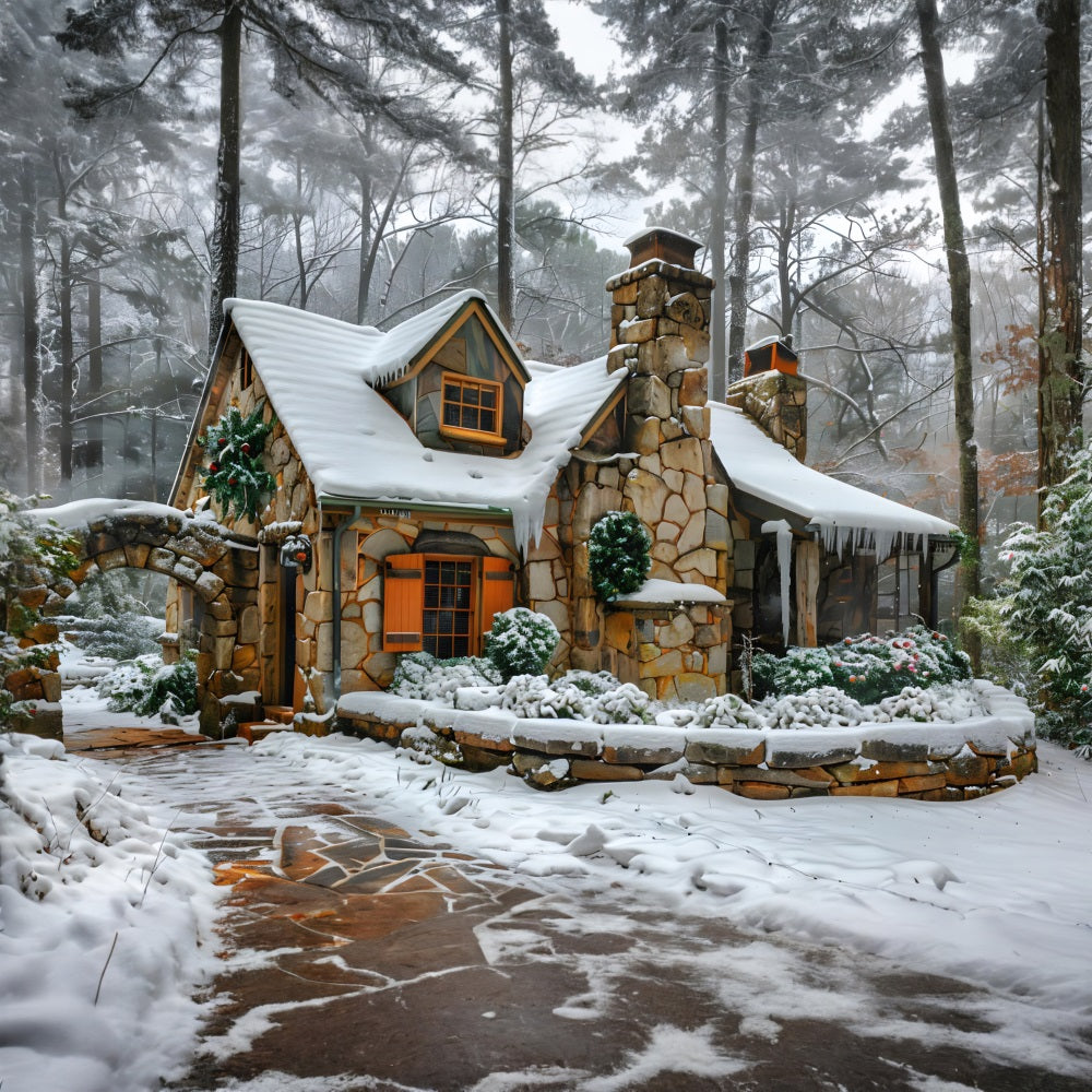 Christmas Snowy Stone Cottage Backdrop UK RR7-572