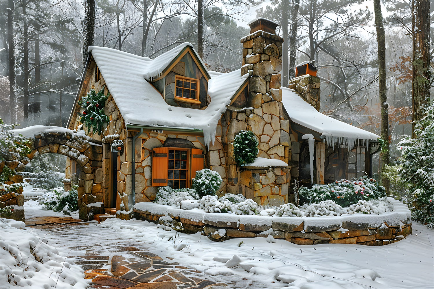 Christmas Snowy Stone Cottage Backdrop UK RR7-572