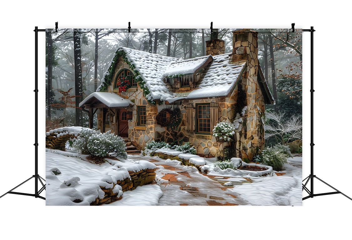 Christmas Rustic Stone Cottage Backdrop UK RR7-573