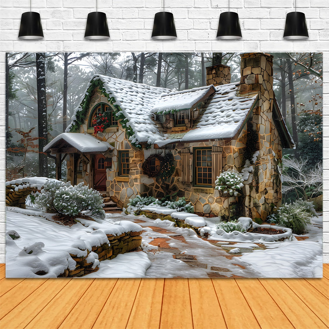 Christmas Rustic Stone Cottage Backdrop UK RR7-573