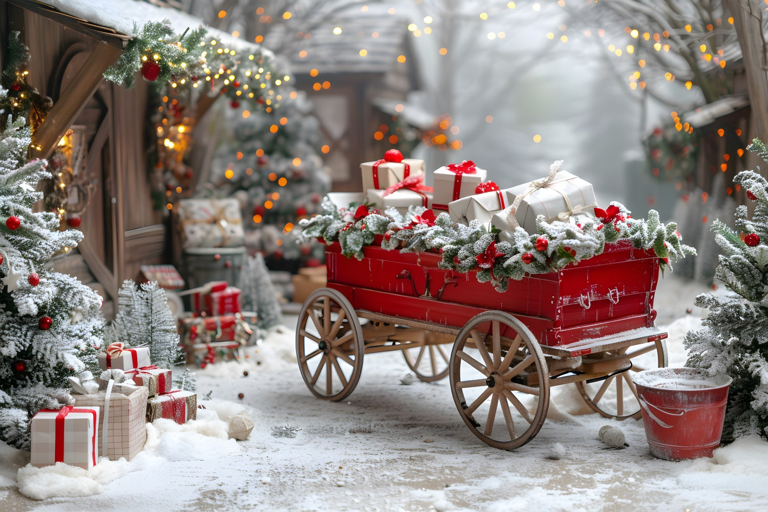 Christmas Festive Gift Cart Village Backdrop UK RR7-595