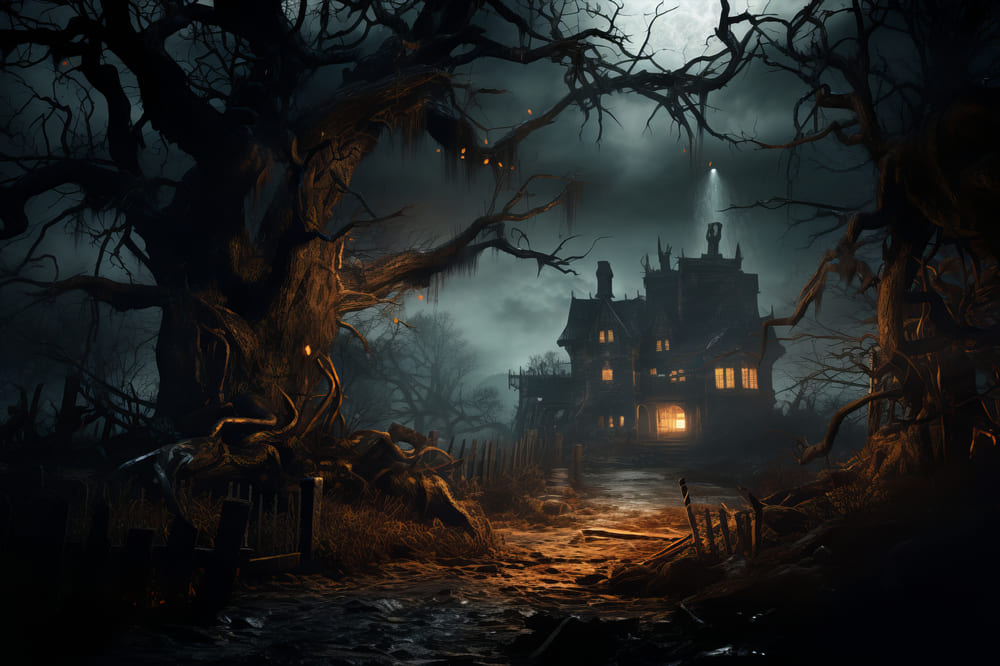 Halloween Scary House Withered Tree Backdrop UK RR7-60