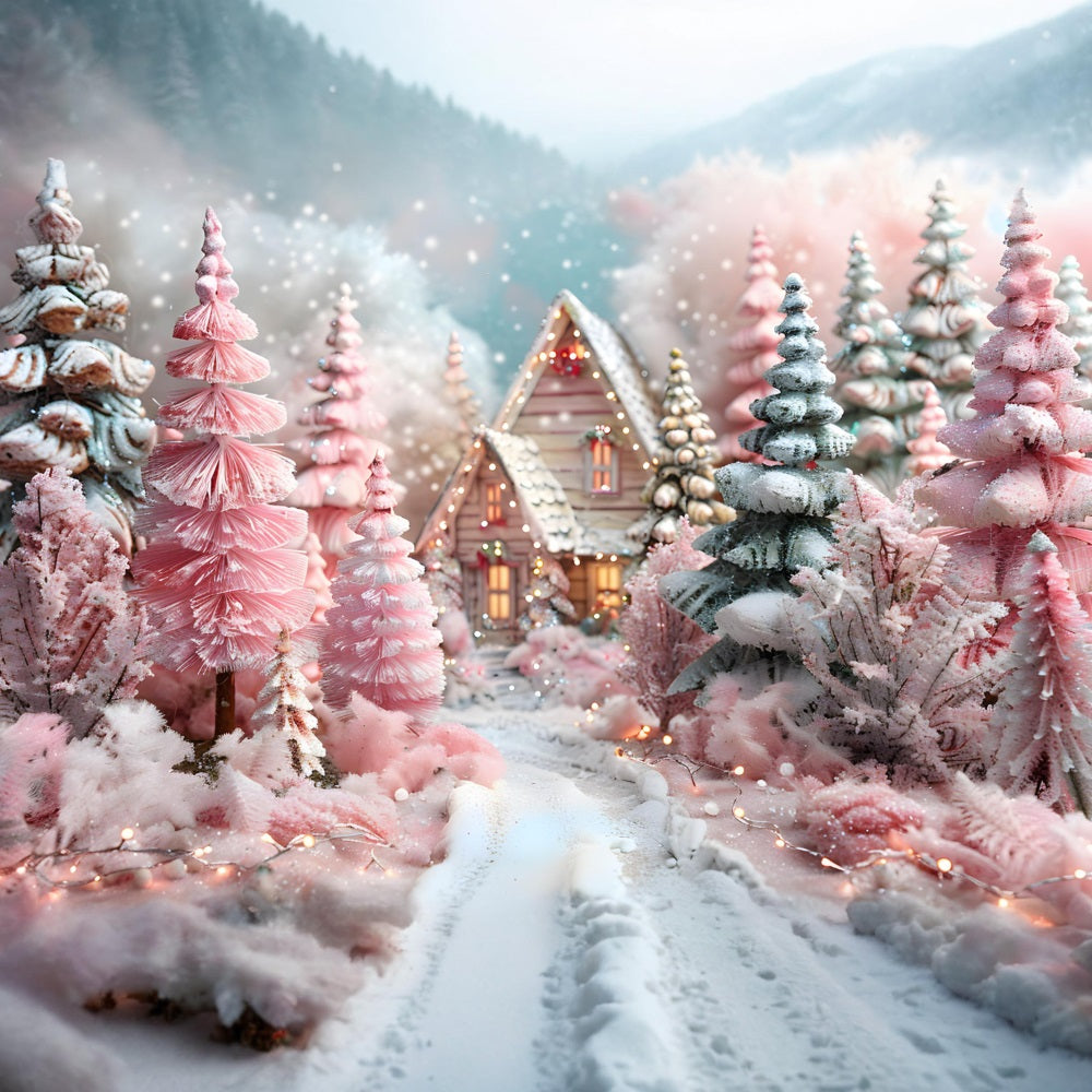 Christmas Forest Pink Fantasy Cottage Backdrop UK RR7-600