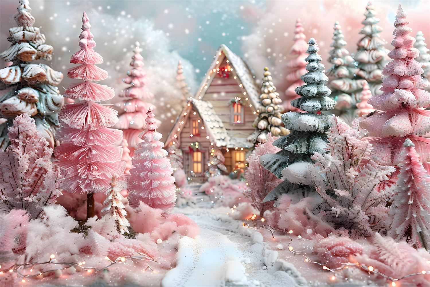 Christmas Forest Pink Fantasy Cottage Backdrop UK RR7-600