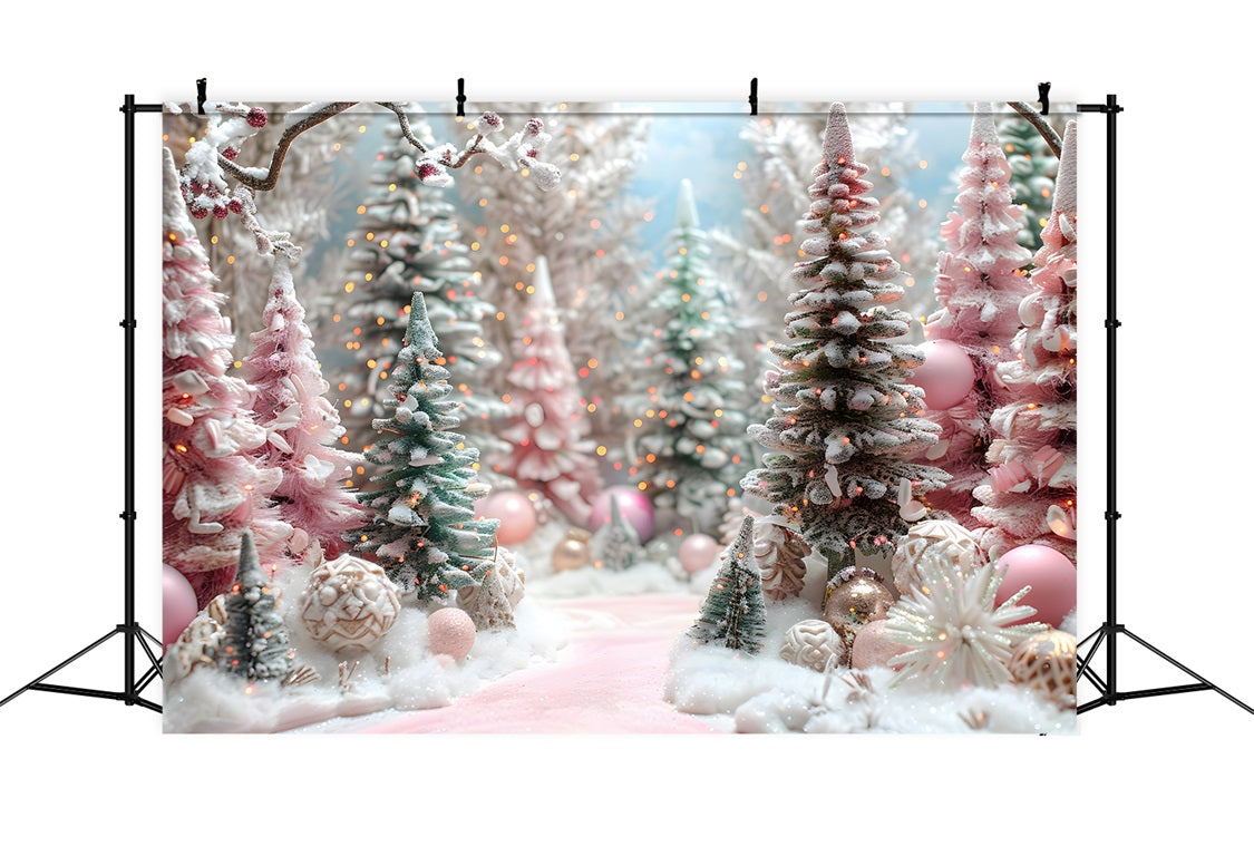 Christmas Pink Forest Decorated Trees Backdrop UK RR7-601