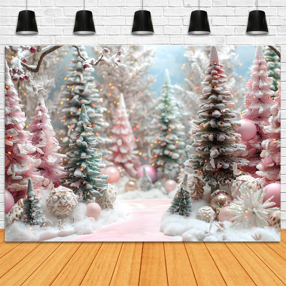 Christmas Pink Forest Decorated Trees Backdrop UK RR7-601