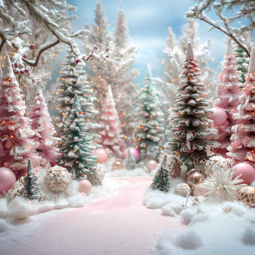 Christmas Pink Forest Decorated Trees Backdrop UK RR7-601