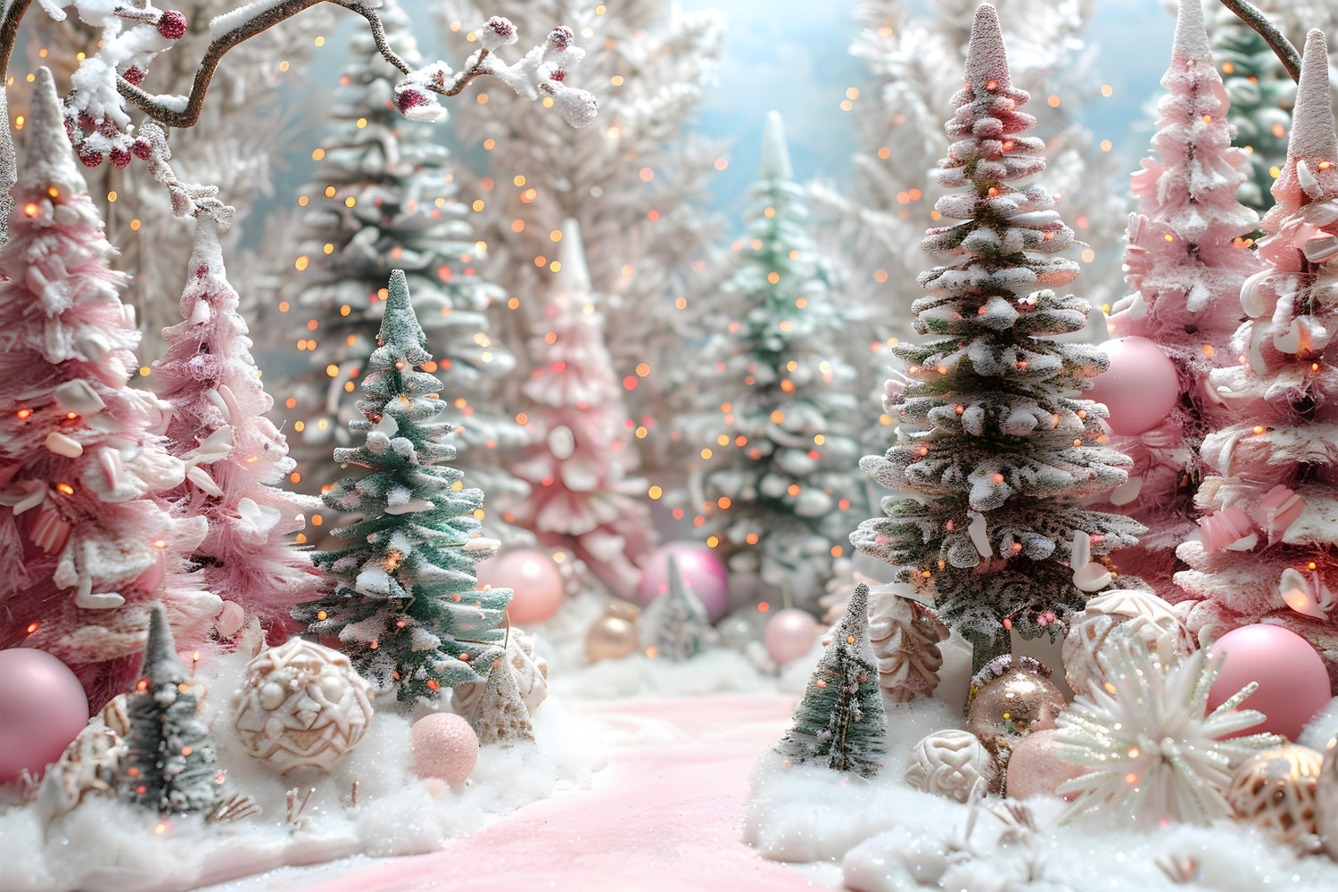 Christmas Pink Forest Decorated Trees Backdrop UK RR7-601