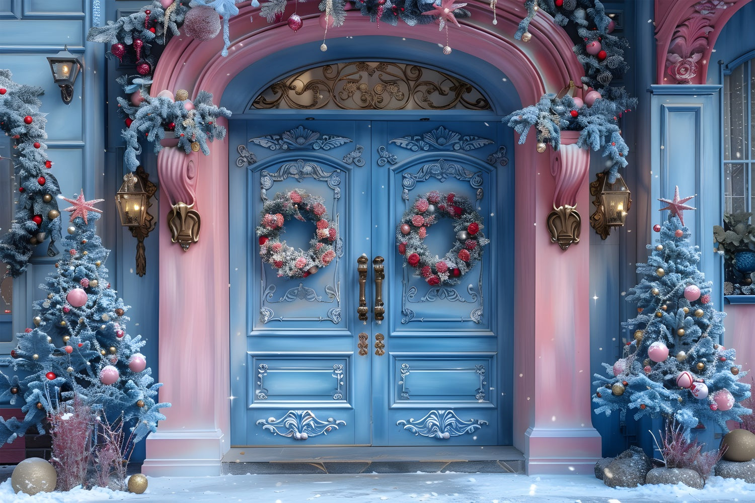 Christmas Pink Blue Enchanted Entrance Backdrop UK RR7-602