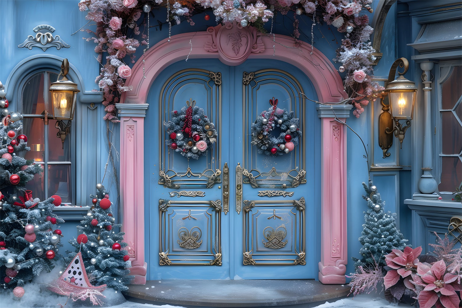 Christmas Blue Pink Festive Entrance Backdrop UK RR7-603