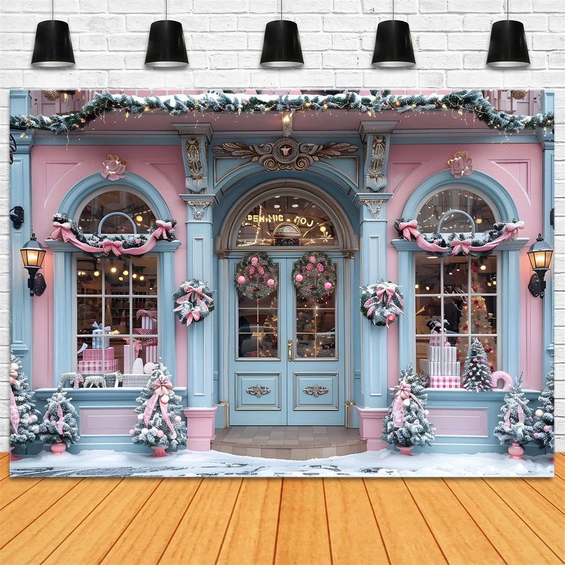 Christmas Pink Blue Festive Storefront Backdrop UK RR7-604