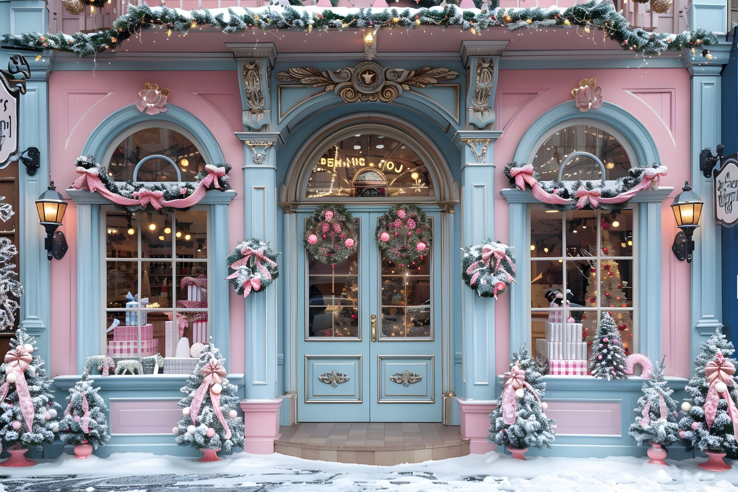 Christmas Pink Blue Festive Storefront Backdrop UK RR7-604