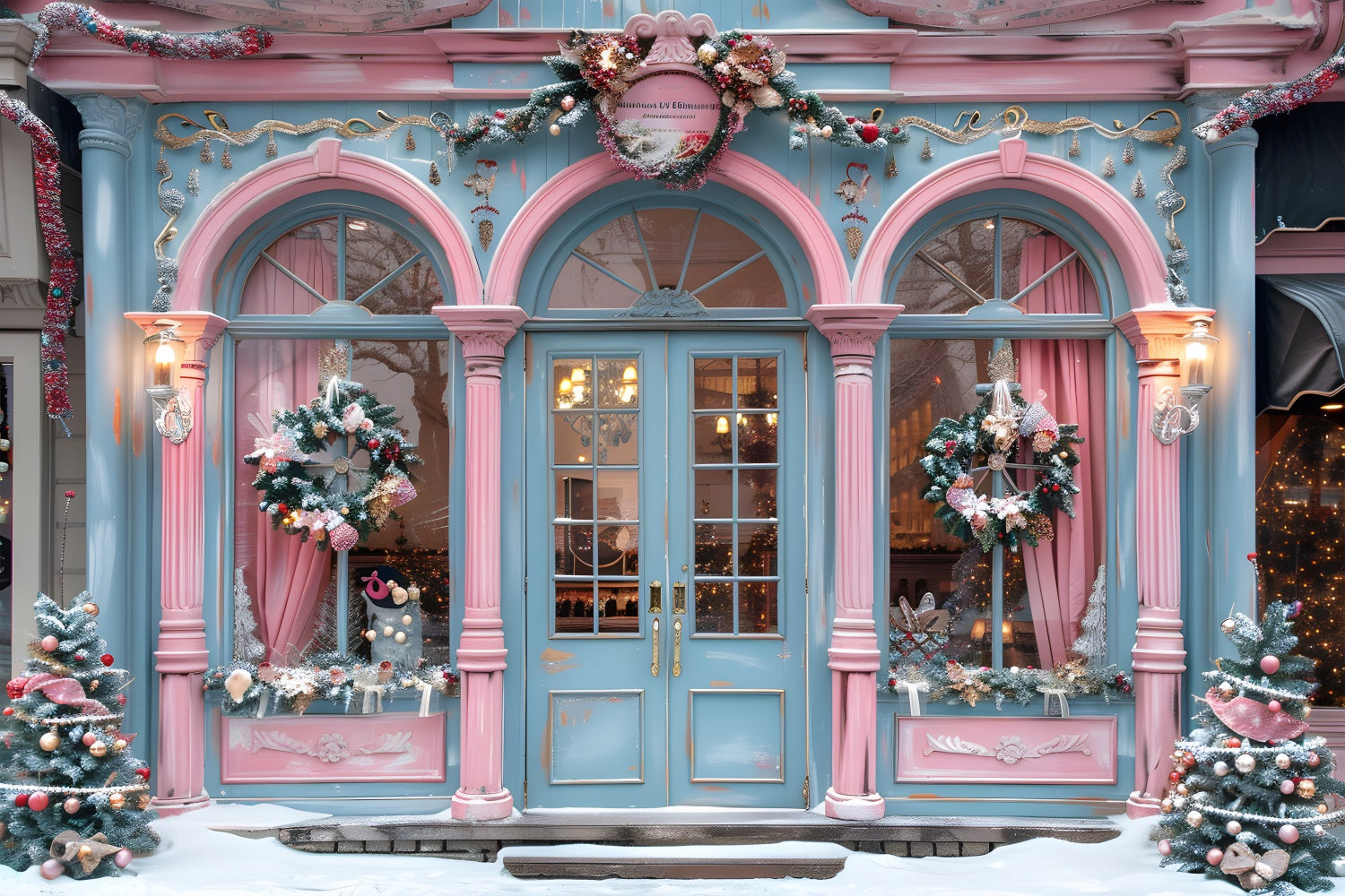 Christmas Pink Blue Boutique Storefront Backdrop UK RR7-605