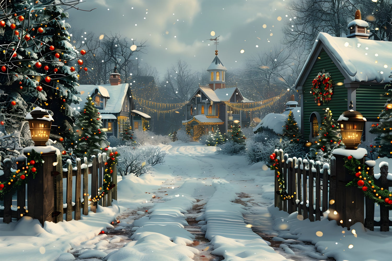 Christmas Village Night Scene Backdrop UK RR7-619