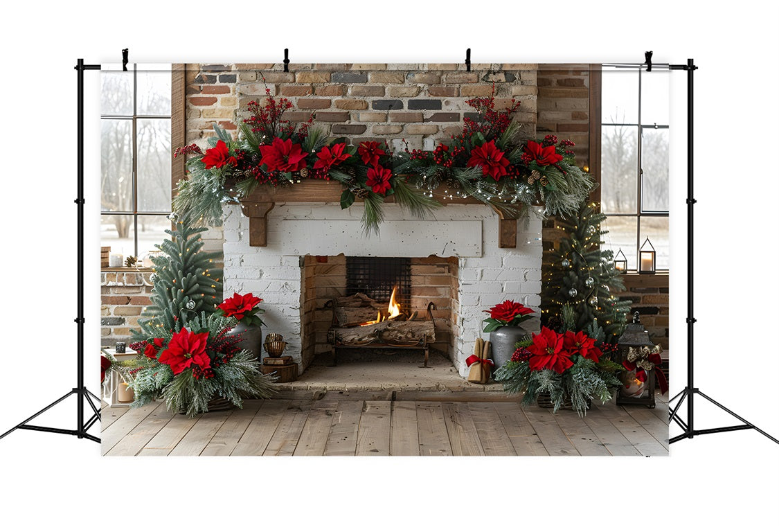 Christmas Fireplace Poinsettia Garland Backdrop UK RR7-624