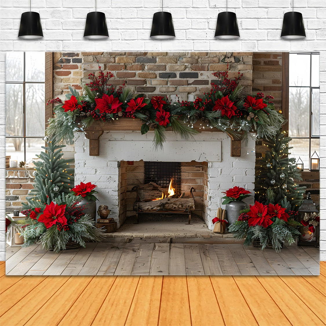 Christmas Fireplace Poinsettia Garland Backdrop UK RR7-624