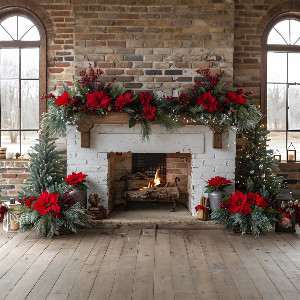 Christmas Fireplace Poinsettia Garland Backdrop UK RR7-624