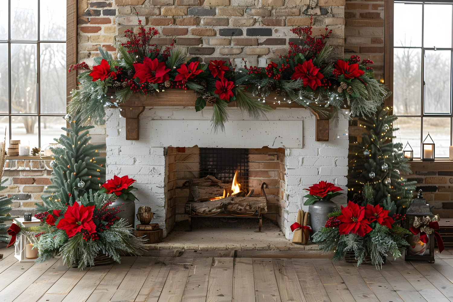 Christmas Fireplace Poinsettia Garland Backdrop UK RR7-624