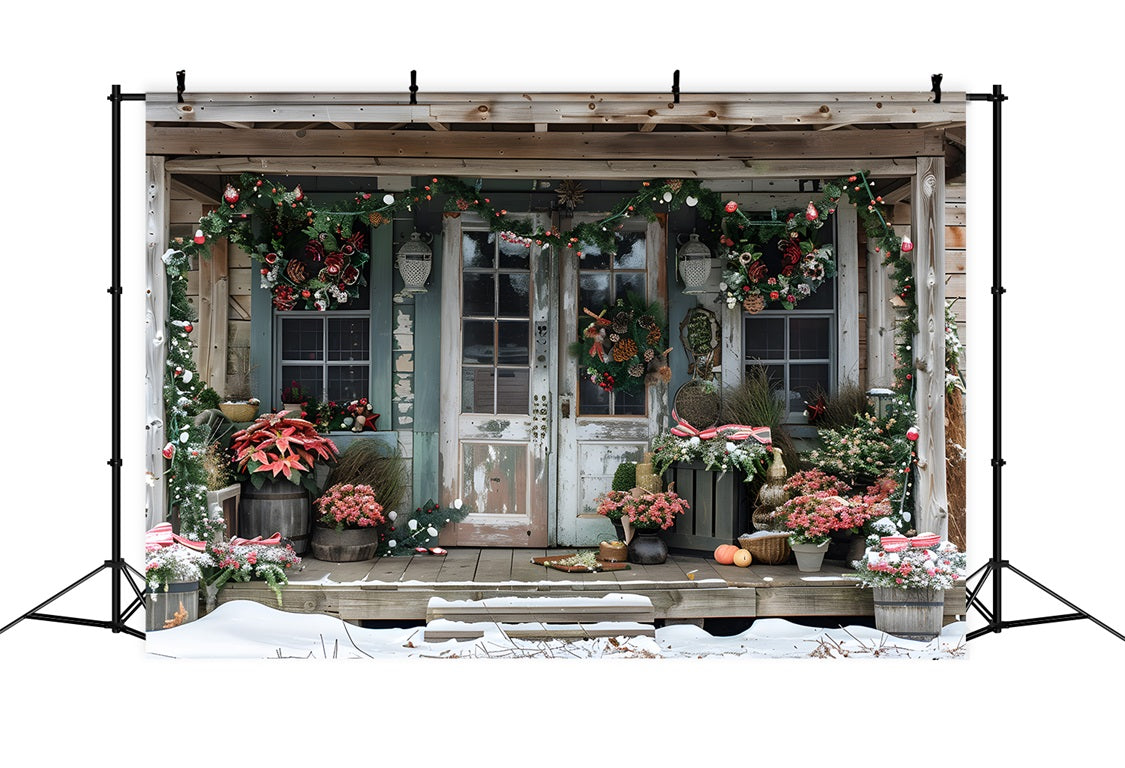 Christmas Rustic Porch with Poinsettias Backdrop UK RR7-625