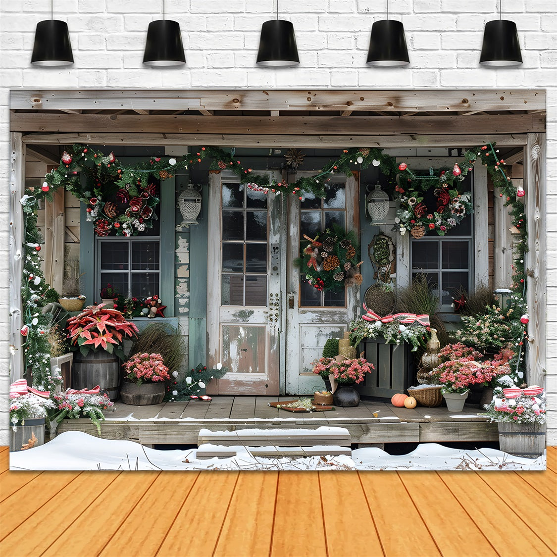 Christmas Rustic Porch with Poinsettias Backdrop UK RR7-625