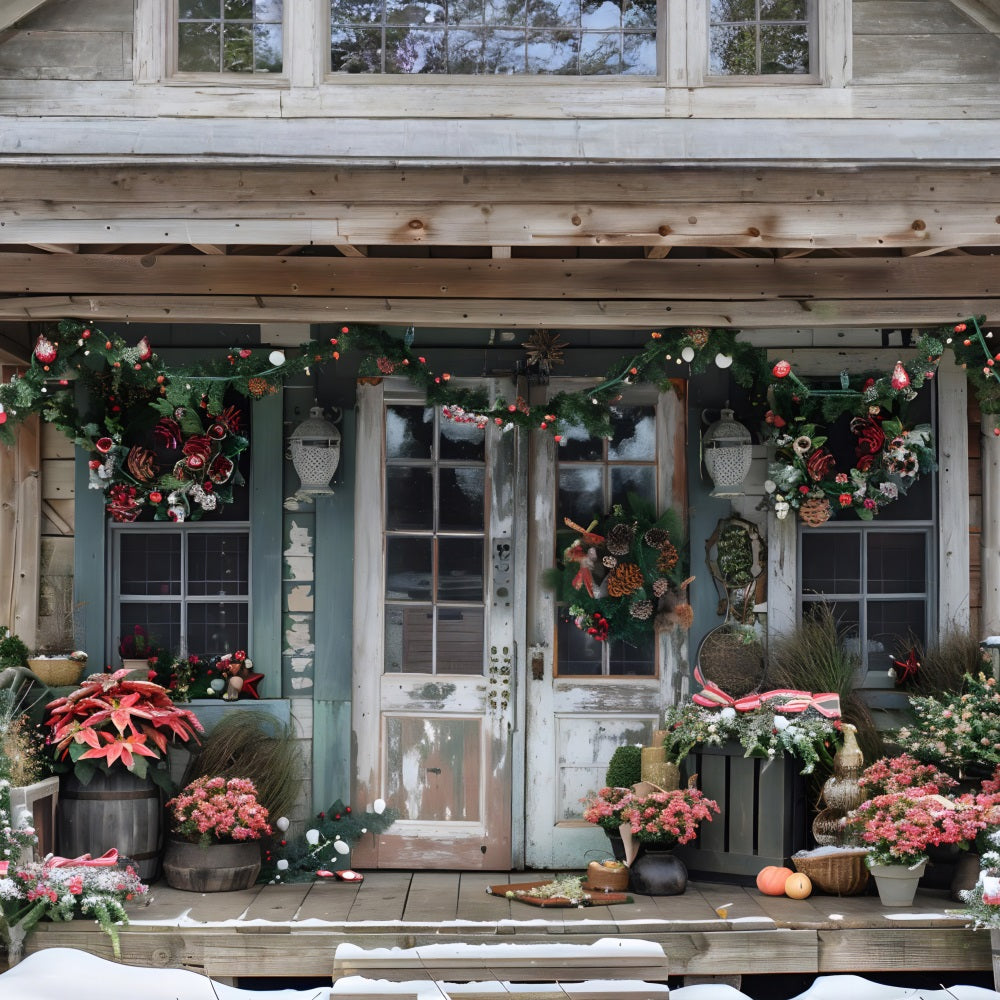 Christmas Rustic Porch with Poinsettias Backdrop UK RR7-625