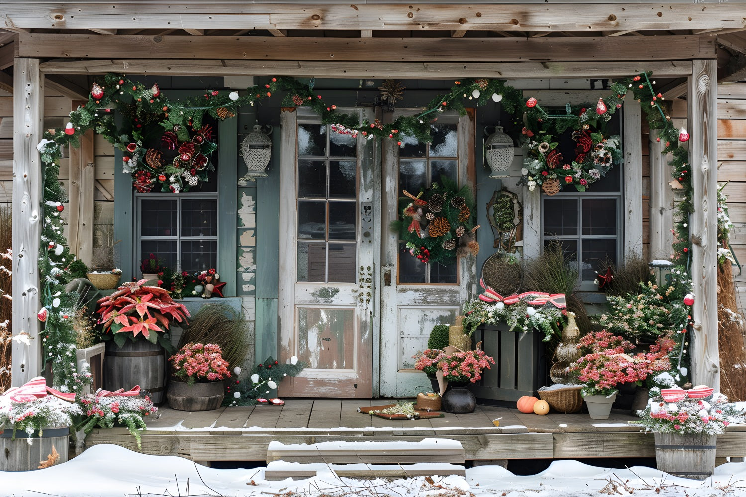 Christmas Rustic Porch with Poinsettias Backdrop UK RR7-625