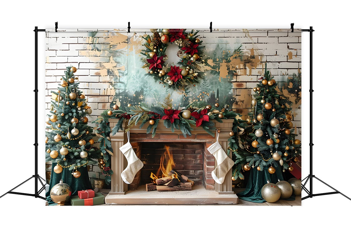 Christmas Elegant Fireplace Gold Ornaments Backdrop UK RR7-626