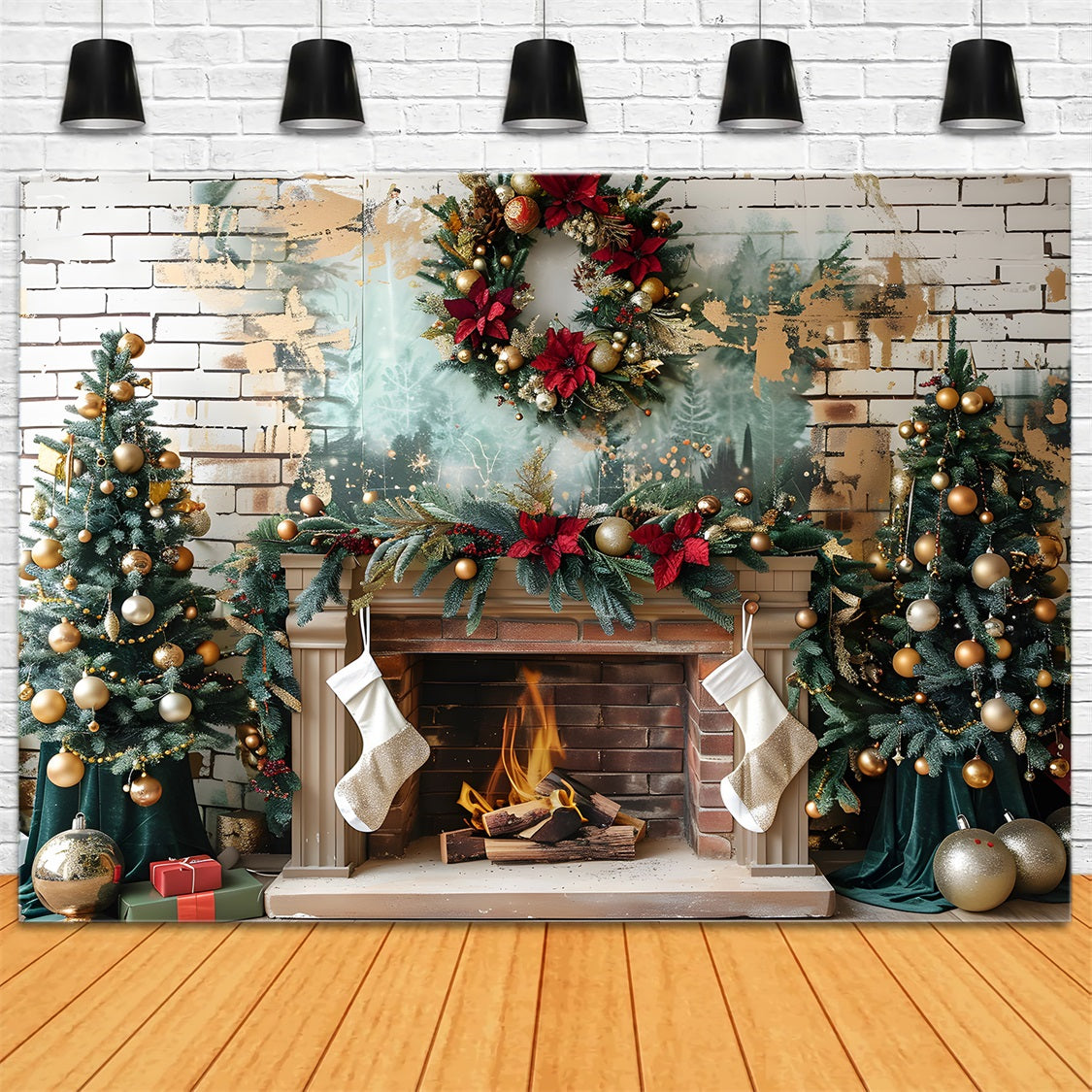 Christmas Elegant Fireplace Gold Ornaments Backdrop UK RR7-626