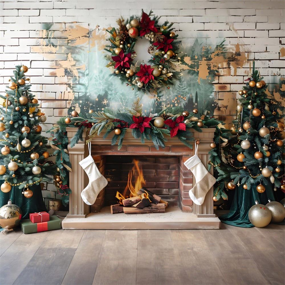 Christmas Elegant Fireplace Gold Ornaments Backdrop UK RR7-626