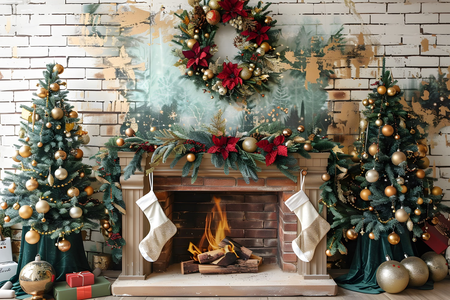 Christmas Elegant Fireplace Gold Ornaments Backdrop UK RR7-626