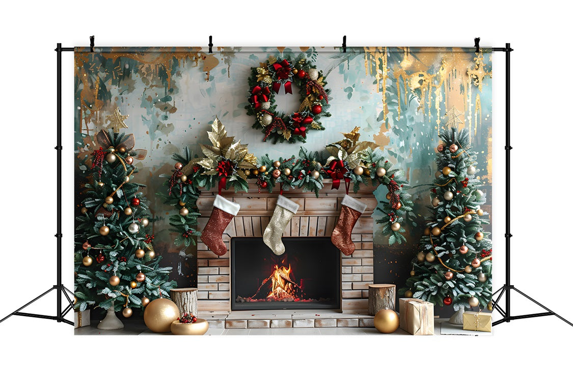 Christmas Fireplace Red Gold Decorations Backdrop UK RR7-627