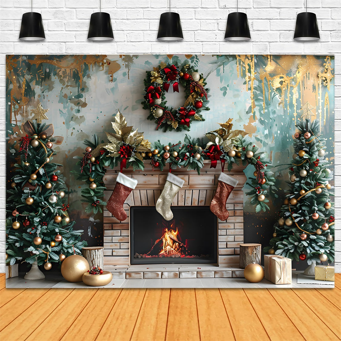 Christmas Fireplace Red Gold Decorations Backdrop UK RR7-627