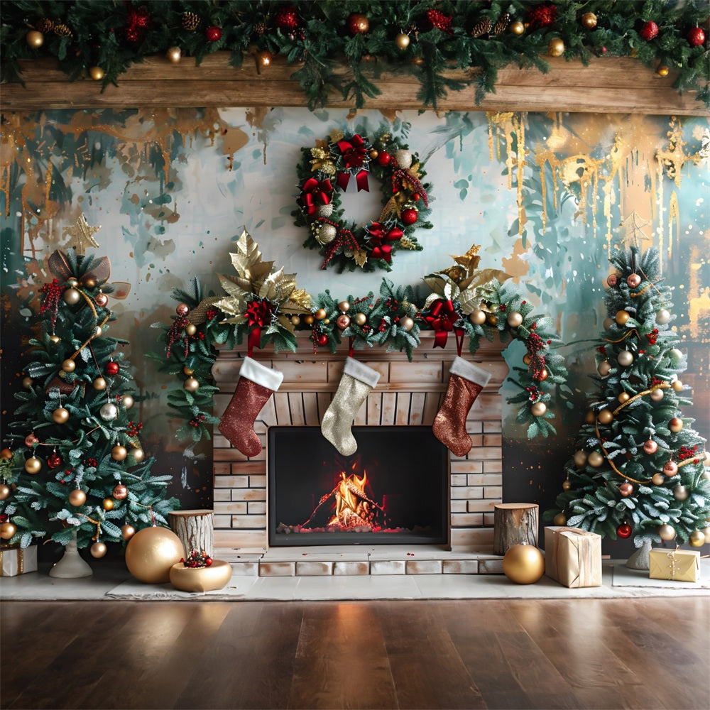 Christmas Fireplace Red Gold Decorations Backdrop UK RR7-627