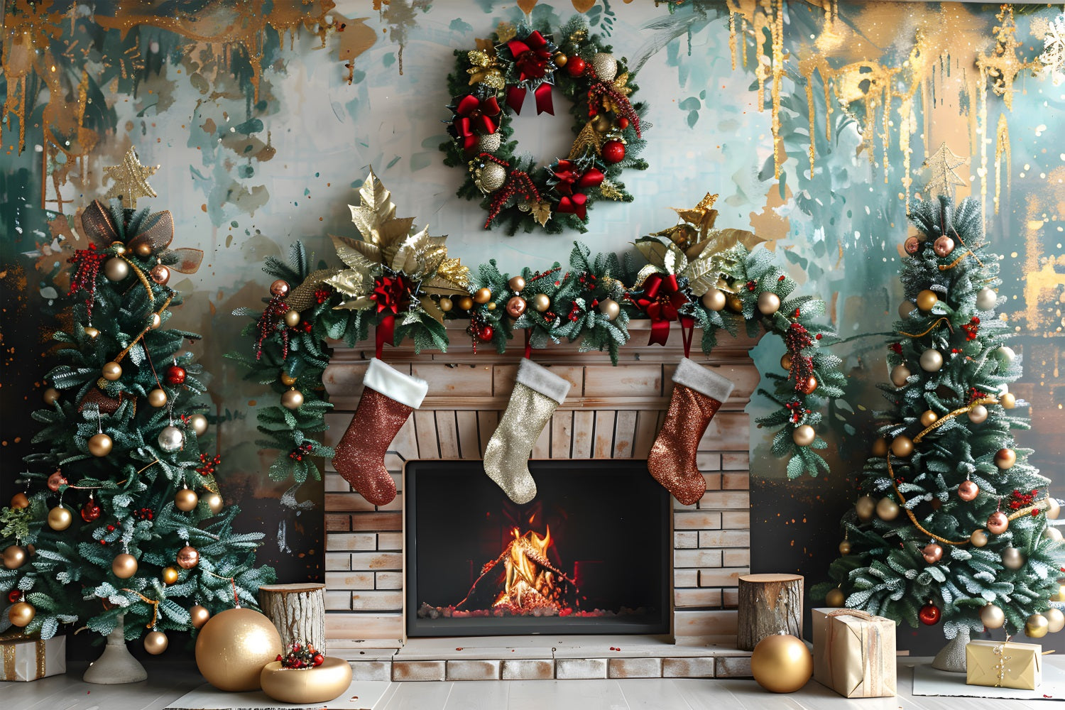 Christmas Fireplace Red Gold Decorations Backdrop UK RR7-627