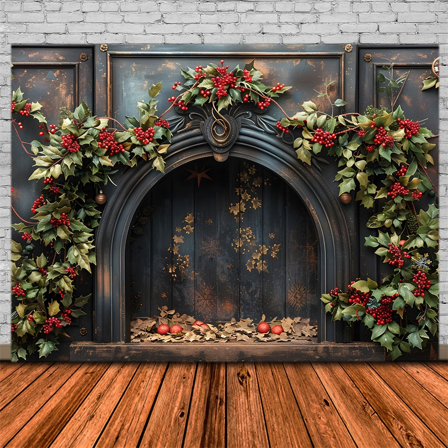 Christmas Holly Berry Fireplace Backdrop UK RR7-628