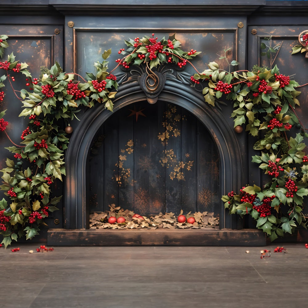 Christmas Holly Berry Fireplace Backdrop UK RR7-628