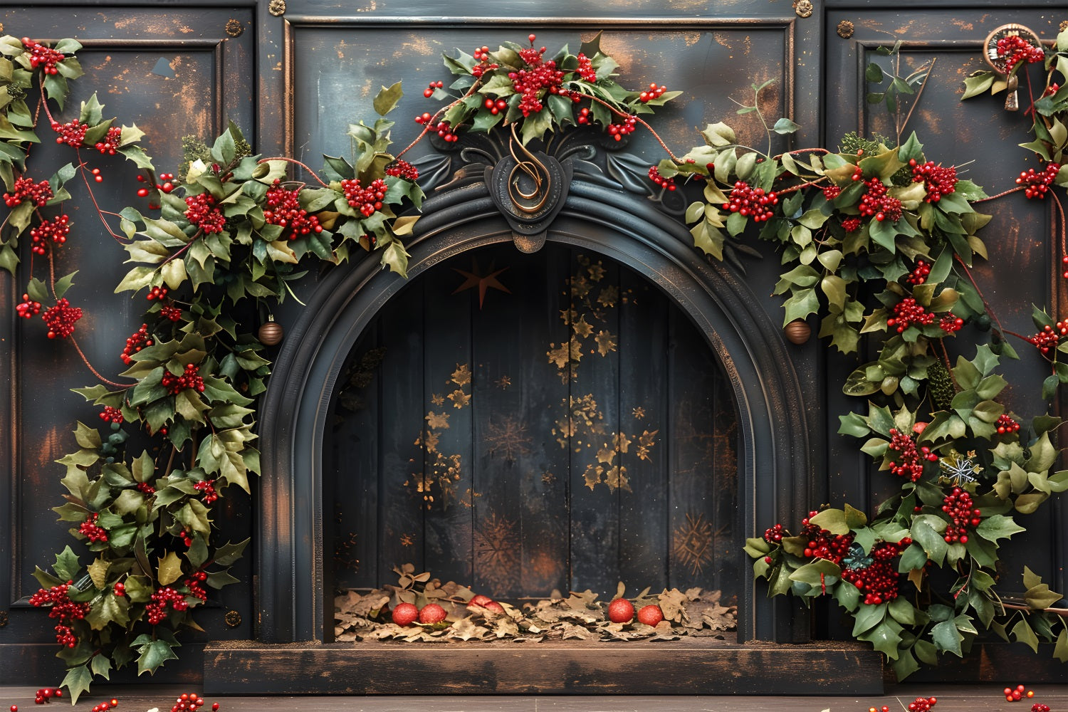 Christmas Holly Berry Fireplace Backdrop UK RR7-628