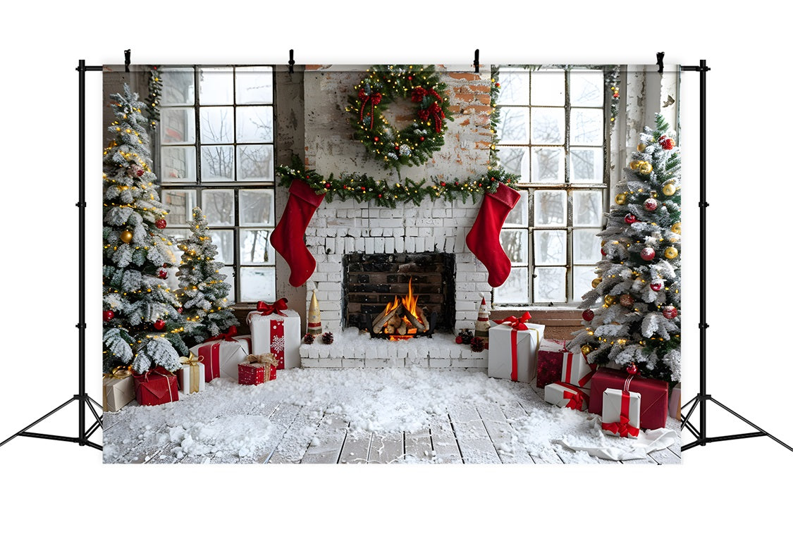 Christmas Stocking Fireplace Gift Tree Backdrop UK RR7-629