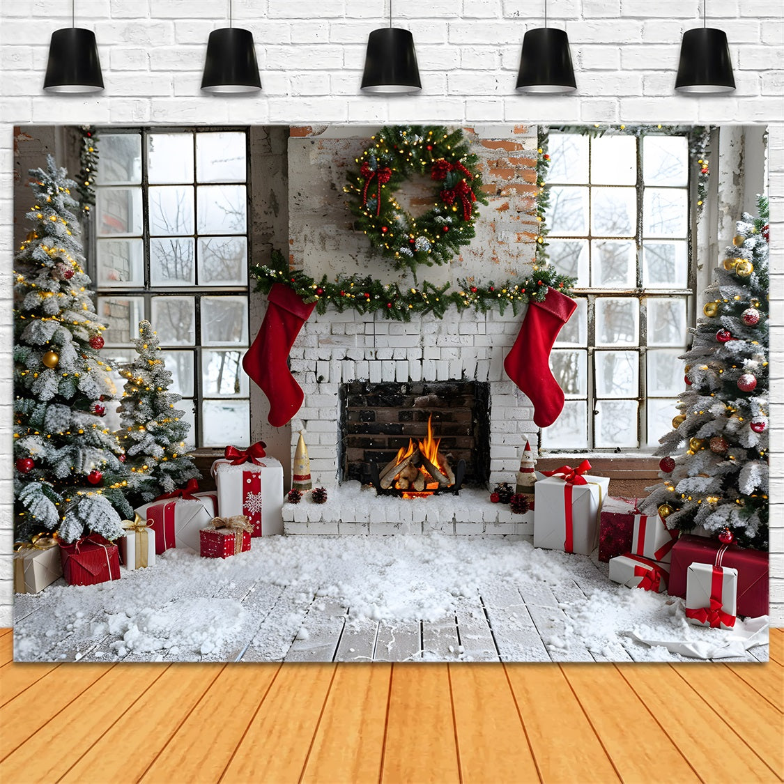 Christmas Stocking Fireplace Gift Tree Backdrop UK RR7-629