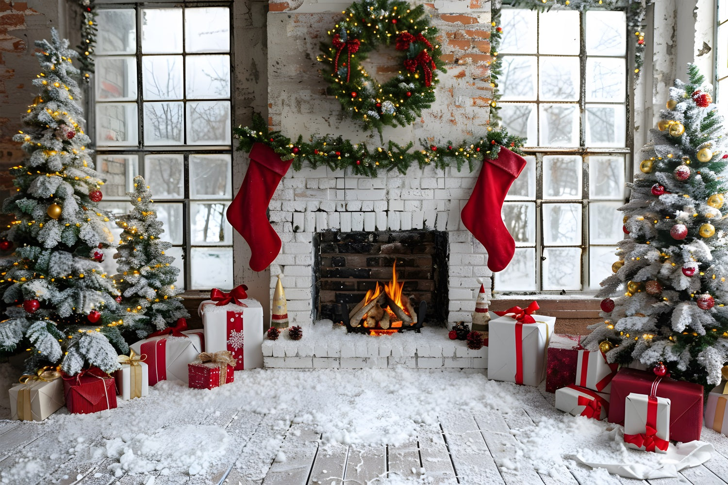 Christmas Stocking Fireplace Gift Tree Backdrop UK RR7-629