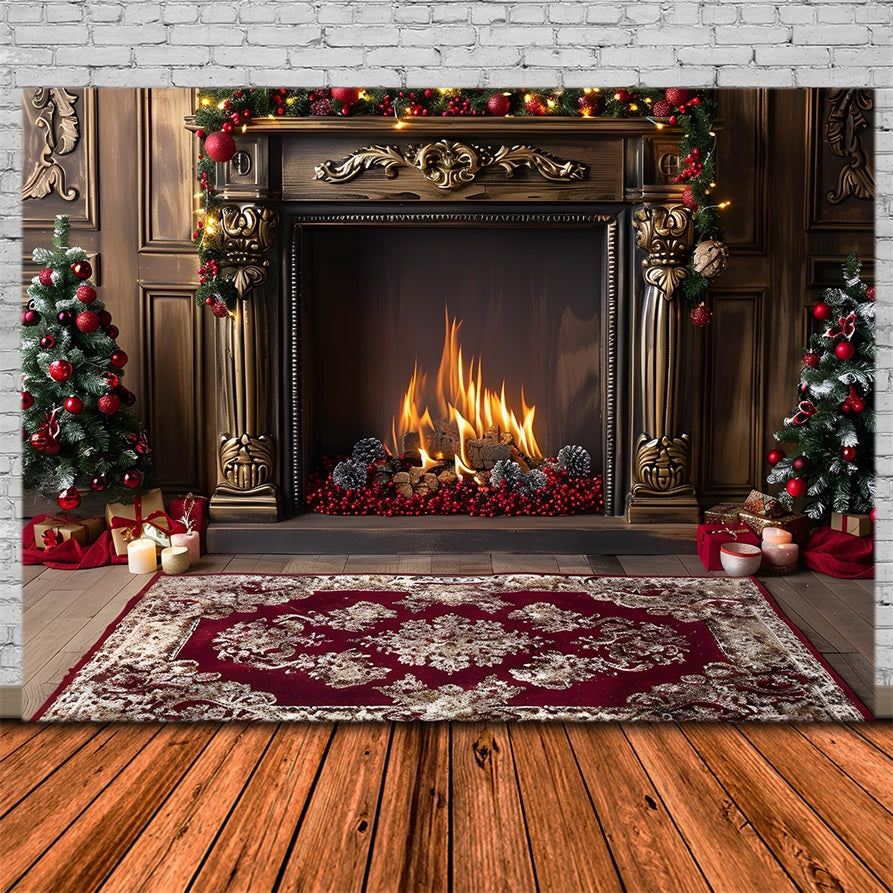 Christmas Elegant Fireplace Red Accents Backdrop UK RR7-631