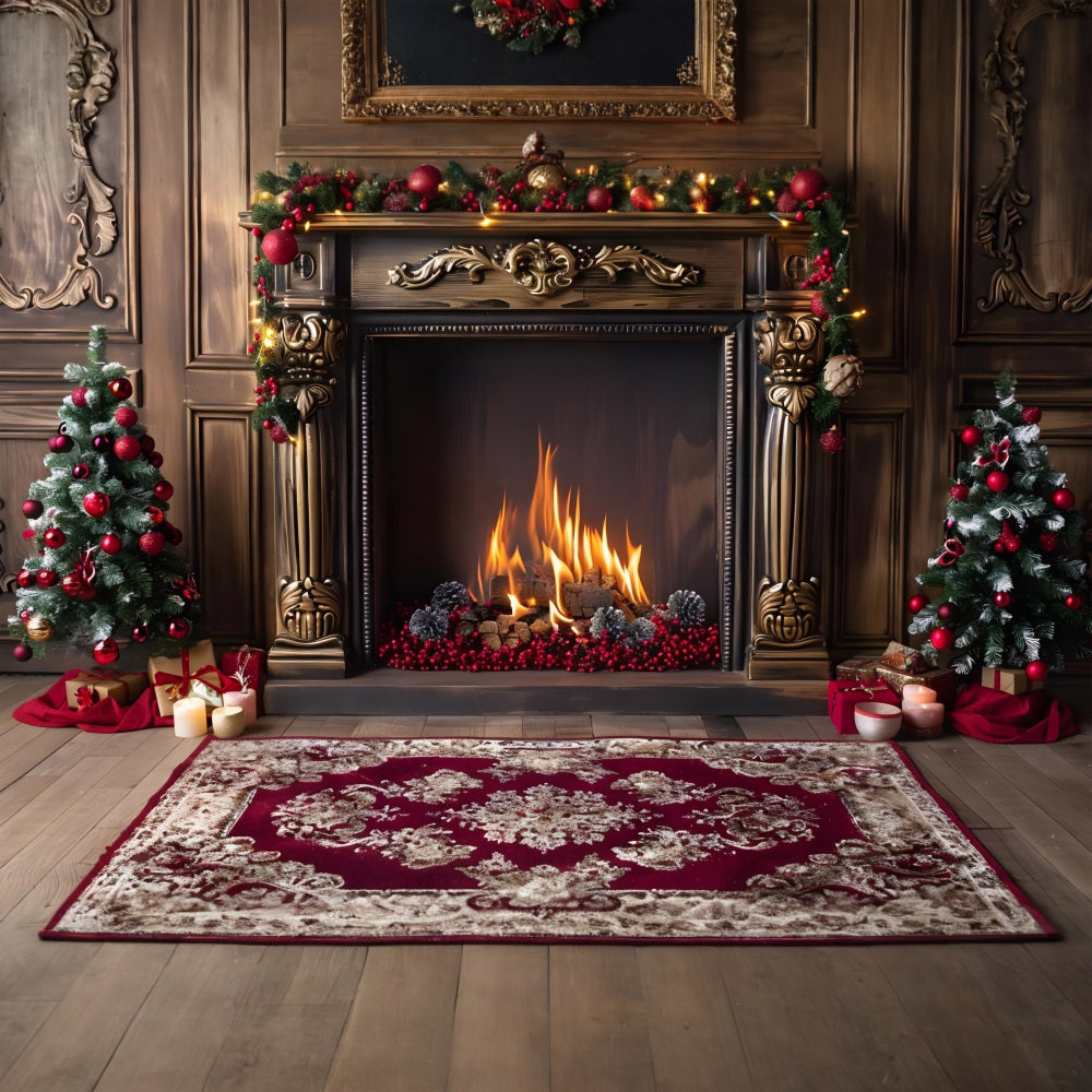 Christmas Elegant Fireplace Red Accents Backdrop UK RR7-631