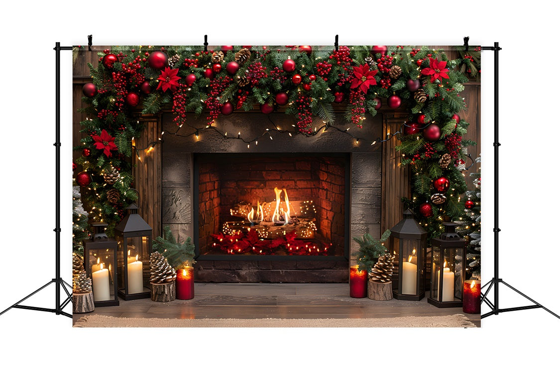 Christmas Fireplace Red Berries Lanterns Backdrop UK RR7-632