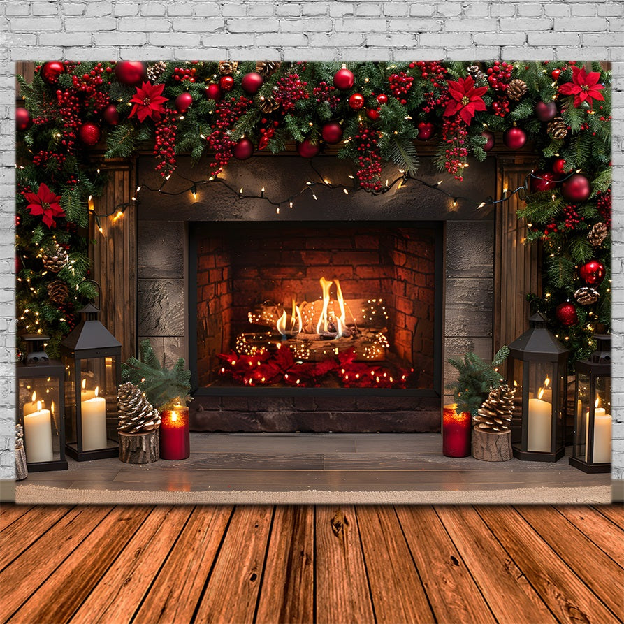 Christmas Fireplace Red Berries Lanterns Backdrop UK RR7-632